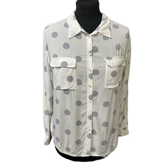 Two by Vince Camuto White and Gray Polka Dot Roll Tab Sleeve Button Down Size L - Picture 1 of 7